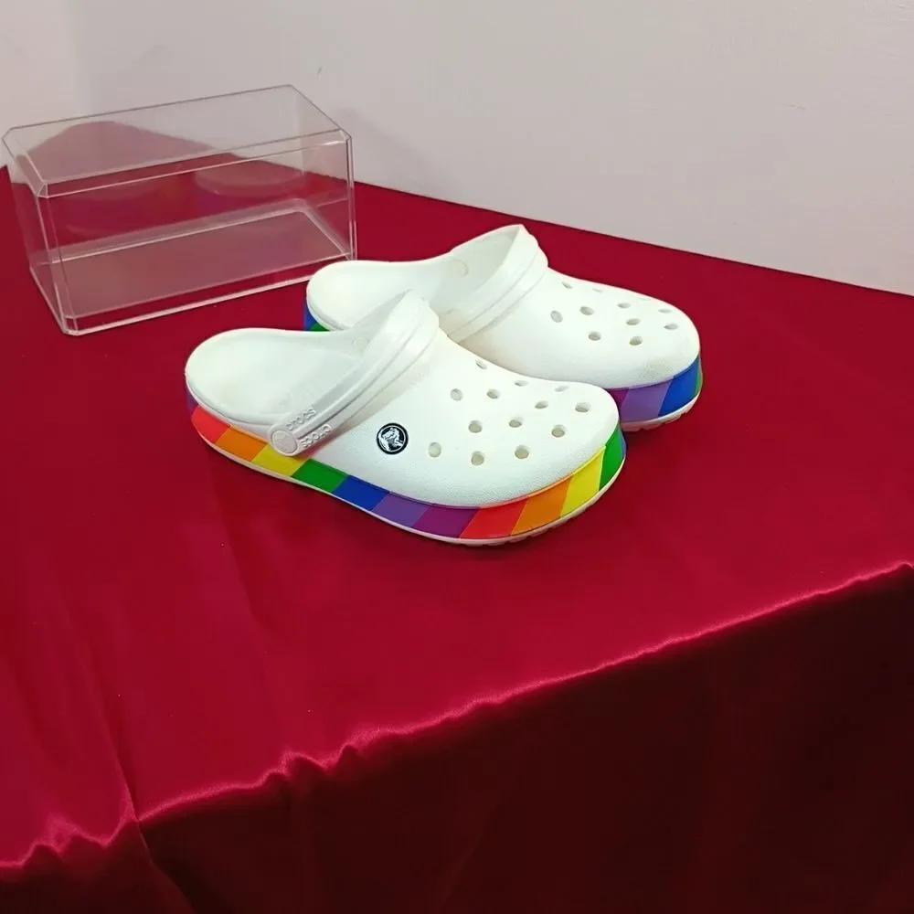 Crocs Men's SZ 5 Women's SZ 7 Rainbow Pride White Slip On Shoes Sandals